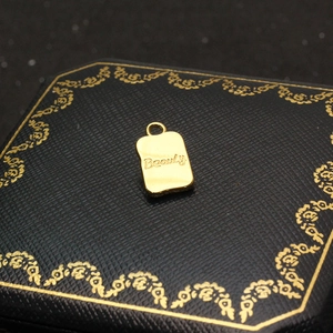 Macro view of gold stainless steel butterfly charm with Beauty engraving on jewelry box