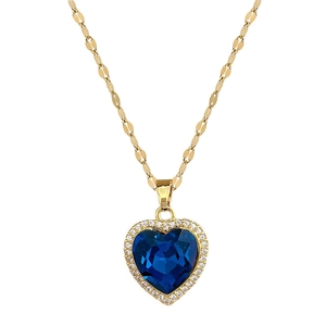 Elegant gold titanium steel necklace featuring a sparkling blue heart-shaped pendant
