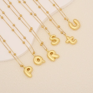 3D gold bubble initial necklaces set with P to U letters on beaded chains for women