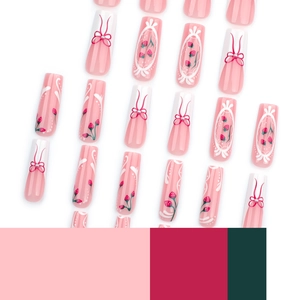 Rosa French Press-on Nails im Ballett-Stil mit Erdbeermuster und 3D-Bogen-Perlen-Akzenten