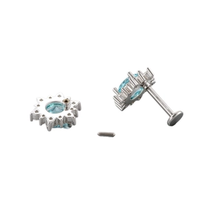 F136 titanium threaded piercing bar with sun-shaped light blue gemstone head