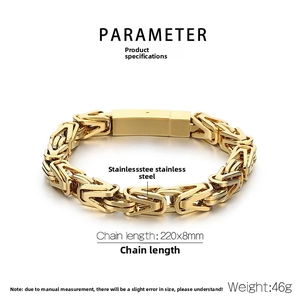 Macro detail of gold stainless steel Byzantine chain with buckle, 220x8mm size specs