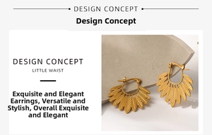 Close-up of gold feather hoop earrings with detailed metallic textures on a grey tray