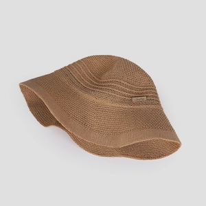 Lightweight breathable knitted bucket hat with large brim for sun protection in brown