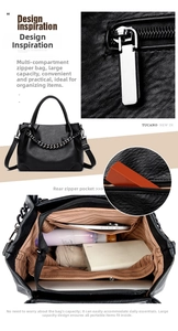 Detail of large capacity black tote bag with multi-compartments and metal chain decoration