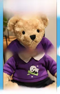 Detail of teddy bear plush toy wearing a purple panda sweater and black trousers