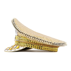 Golden sequin captain hat featuring metallic studs and crystal rhinestones for cosplay