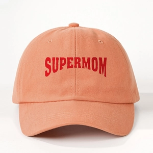 Adjustable orange cotton baseball cap with red embroidered SUPERMOM lettering for outdoor wear