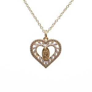 Golden heart pendant necklace featuring Virgin Mary relief and clear zircon inlay on chain