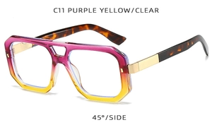 Detailansicht der quadratischen Doppelstegbrille mit lila-gelbem Farbverlauf und Schildpatt-Bügeln