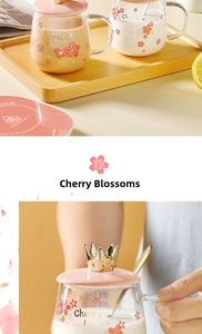 Close-up of cherry blossom glass set with pink crown lid and electric heating coaster