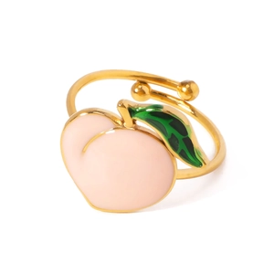 Adjustable gold stainless steel ring with a pink peach charm and green leaf accents