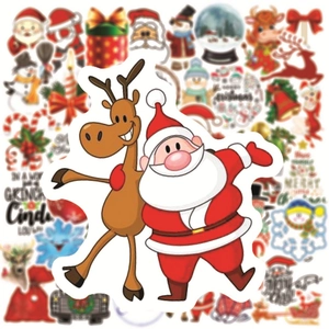 Detail of waterproof Christmas stickers featuring Santa and reindeer cartoon designs