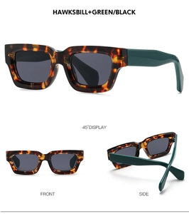 Detailed multi-angle views of retro square sunglasses in tortoiseshell and green finish