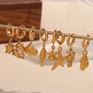 Ocean Sea Theme Hoop Earrings For Women Stainless Steel 18K Gold Plated Dolphin Seahorse Starfish Turtle Shell Charms