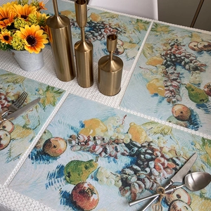 PVC placemat set with vintage fruit oil painting print and white crochet lace edges