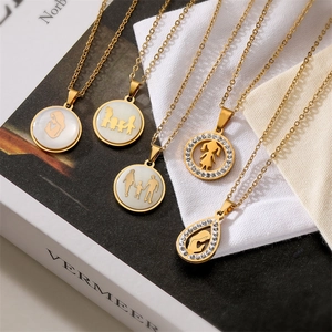 Stainless Steel Pendant Necklace Gold Color Shell Inlay Family Silhouette Virgin Mary Mother Day Gift For Women