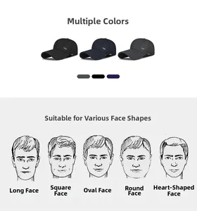Detail view of men's extended brim baseball caps in black, navy, and dark grey colors