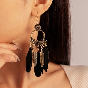 Bohemian dangle earrings with black feathers and golden leaf tassels for women
