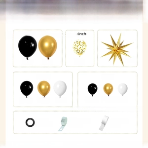 Detailed breakdown of black and gold balloon arch kit including starburst balloons and tools