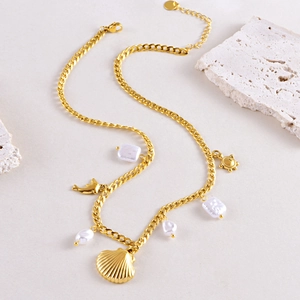 Ocean Theme Pendant Necklace Stainless Steel With Irregular Artificial Pearls Dolphin Shell Turtle Charms Gold Jewelry For Women