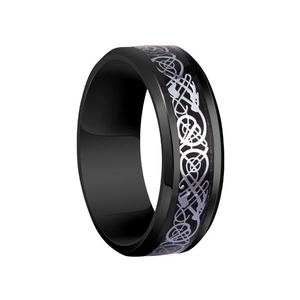Men's black titanium steel ring featuring silver Celtic dragon inlay and polished finish