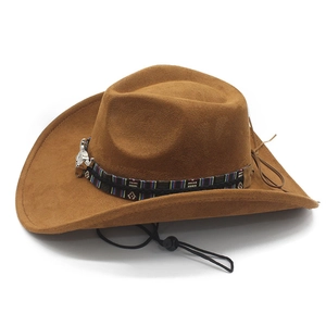 Detail of brown faux suede cowboy hat featuring woven band and silver bull head ornament