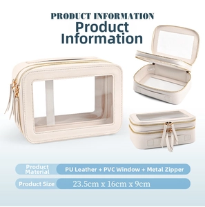 Close-up of cream travel toiletry bag with clear PVC windows and dual gold zipper detail