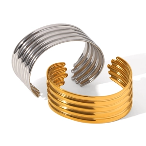 Classic stainless steel open bangles in gold and silver with elegant ribbed texture