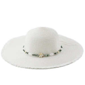 Women's wide brim white straw sun hat with shell bead band and tassel edge