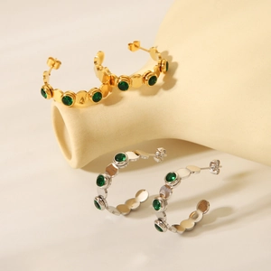18K gold plated stainless steel hoop earrings with green zircon in gold and silver