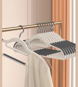 Detail of non-slip plastic clothes hanger with grey rubber pads and gold metal hook