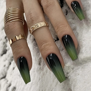 Unghie Finte Vintage a Sfumatura Verde Scuro e Nero Forma a Bara Lunga Lucida Unghie Artificiali per Donna