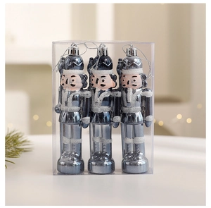 Three-piece silver nutcracker Christmas ornaments set with glitter in a clear box