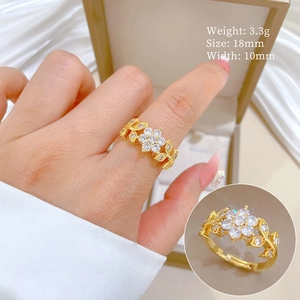 Elegant Flower Cubic Zirconia Gold Plated Brass Open Ring Adjustable Leaf Hollow Design Jewelry For Women