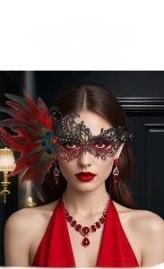 Detail of lace eye mask with red feathers and crystal embellishments for masquerade ball