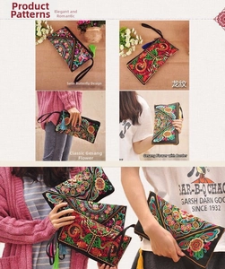 Detailed views of ethnic embroidery patterns on satin wristlet clutch bags