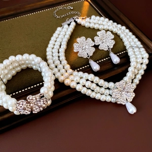 Multi Layer Imitation Artificial Pearl Necklace Bracelet Earrings Jewelry Rhinestone Flower Silver Earring Post Water Drop Women