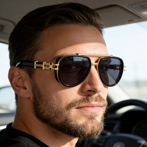 Detail of retro punk metal sunglasses for men featuring a double bridge and gold accents