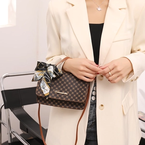 Classic small square crossbody bag in brown monogram print with elegant silk scarf
