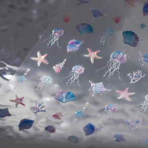 Autocollants 3D holographiques pour ongles avec méduses, étoiles de mer et coraux