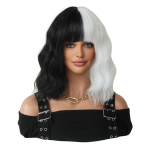 High-quality black and white Cruella cosplay wig with mid-length wavy hair for women