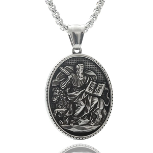 Punk retro stainless steel necklace with silver oval religious portrait relief pendant