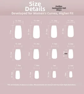 Size chart detail for 24pcs medium-long square press-on nails with 12 dimensions