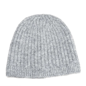 Close-up of light gray knit beanie showing thick wool blend texture and soft fibers