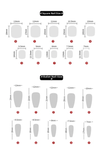 Size guide for square and ballerina press-on nails showing width and length in millimeters