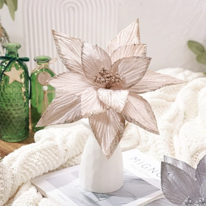 Fleurs Poinsettia Artificielles Scintillantes Tissu Velours Paillettes Tige Longue Décoration Maison Fête Ornements Arbre
