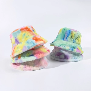 Tie-Dye Faux Fur Bucket Hat Warm Plush Winter Fisherman Hat For Women And Men Colorful Soft Outdoor Accessories