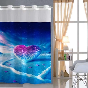 Detailed macro view of the glowing heart pattern and waterproof fabric texture on the shower curtain