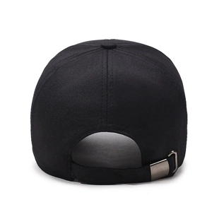 Classic black cotton baseball cap showing back adjustable metal strap and arc opening